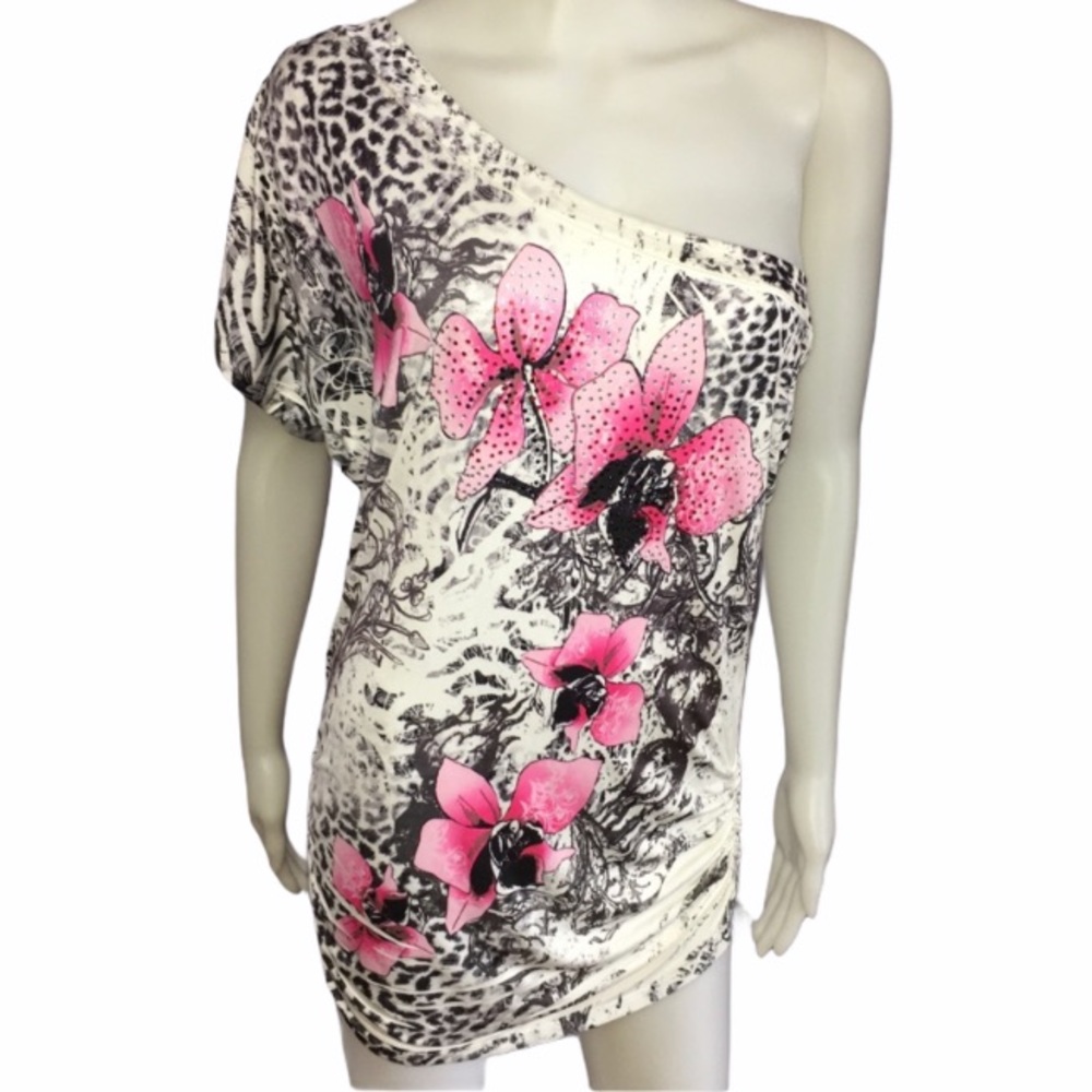 Pink Floral & Cheetah Print One Shoulder Dress Size XS - Picture 2 of 8